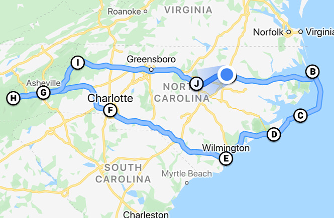 Map of the ultimate North Carolina road trip itinerary showcasing the top 10 best cities to visit featured by top US travel blog, More than Main Street.