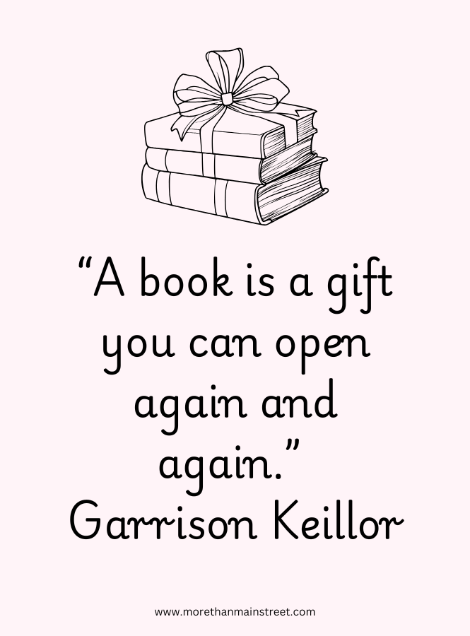 "A book is a gift you can open again and again." Quote with a pink background