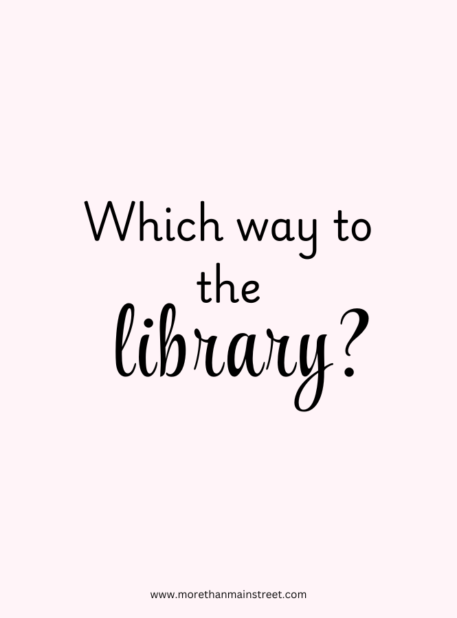 "Which way to the library?" text on a pink background