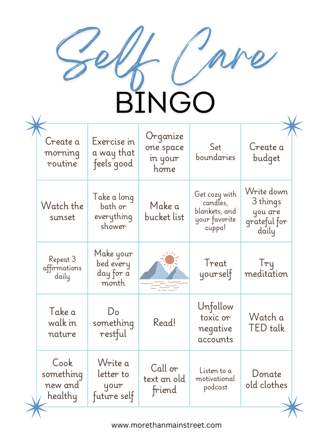 self care bingo printable blue boho aesthetic