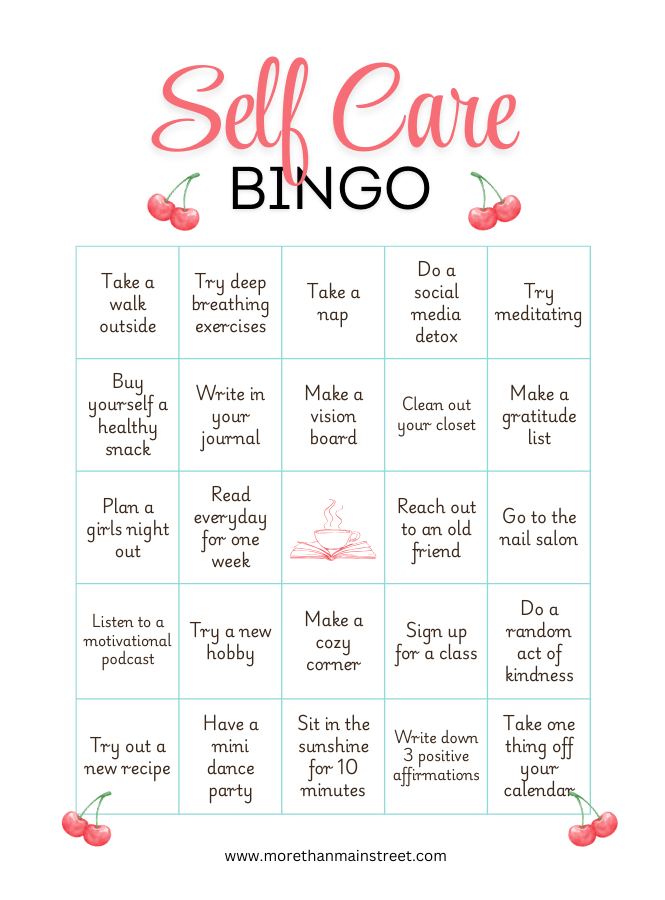 Free printable PDF self care bingo with cherry aesthetic 