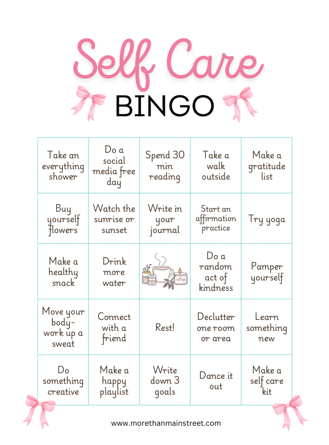 Self care bingo printable with pink bows