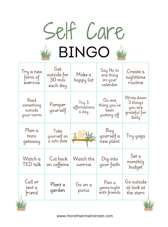 Self care bingo card printable with plant aesthetic