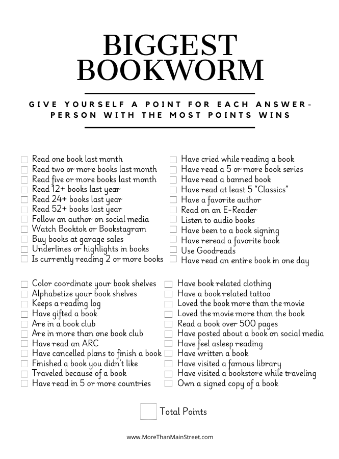 Biggest Bookworm: Printable PDF book club game