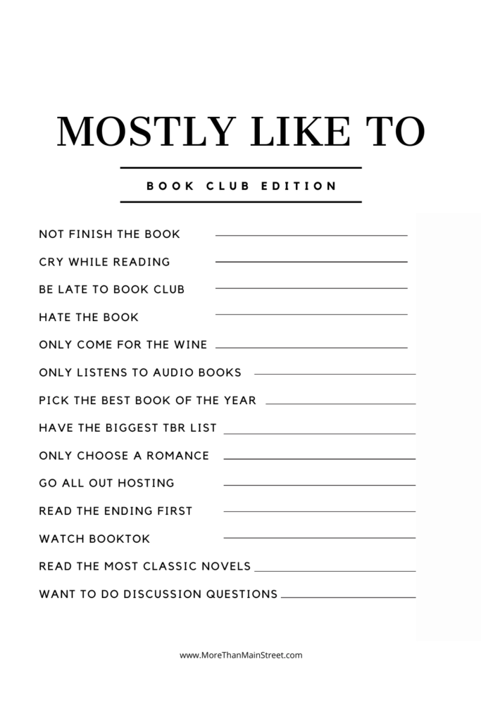 Book Club Printable PDF Mostly Likely To Game