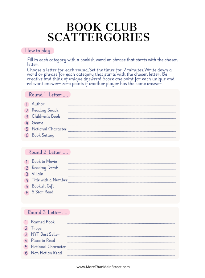 Printable Book Club Scattergories