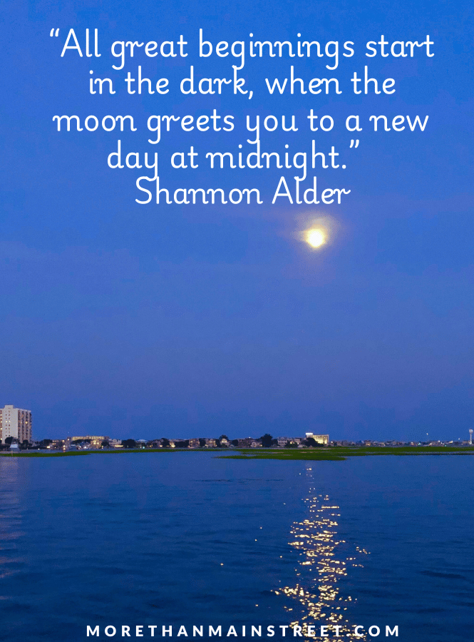 good morning inspirational quote with image of a moon over water